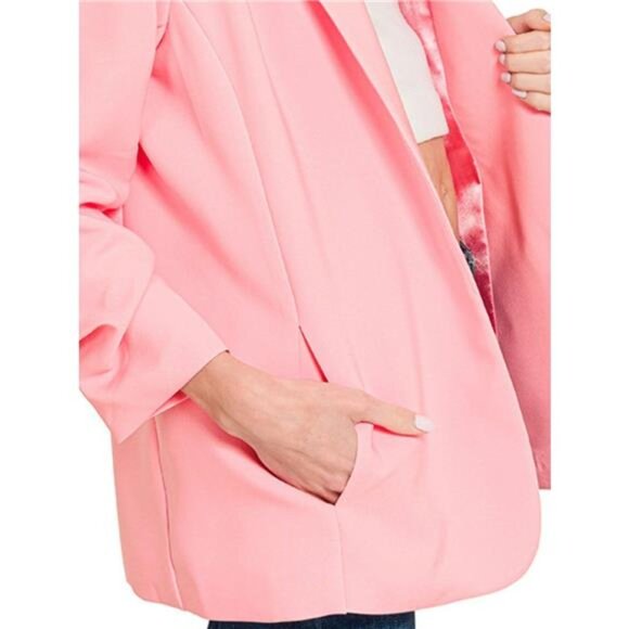 Zenana Woven 3/4 Ruched Sleeve Open Front Classic Blazer - Picture 2 of 2